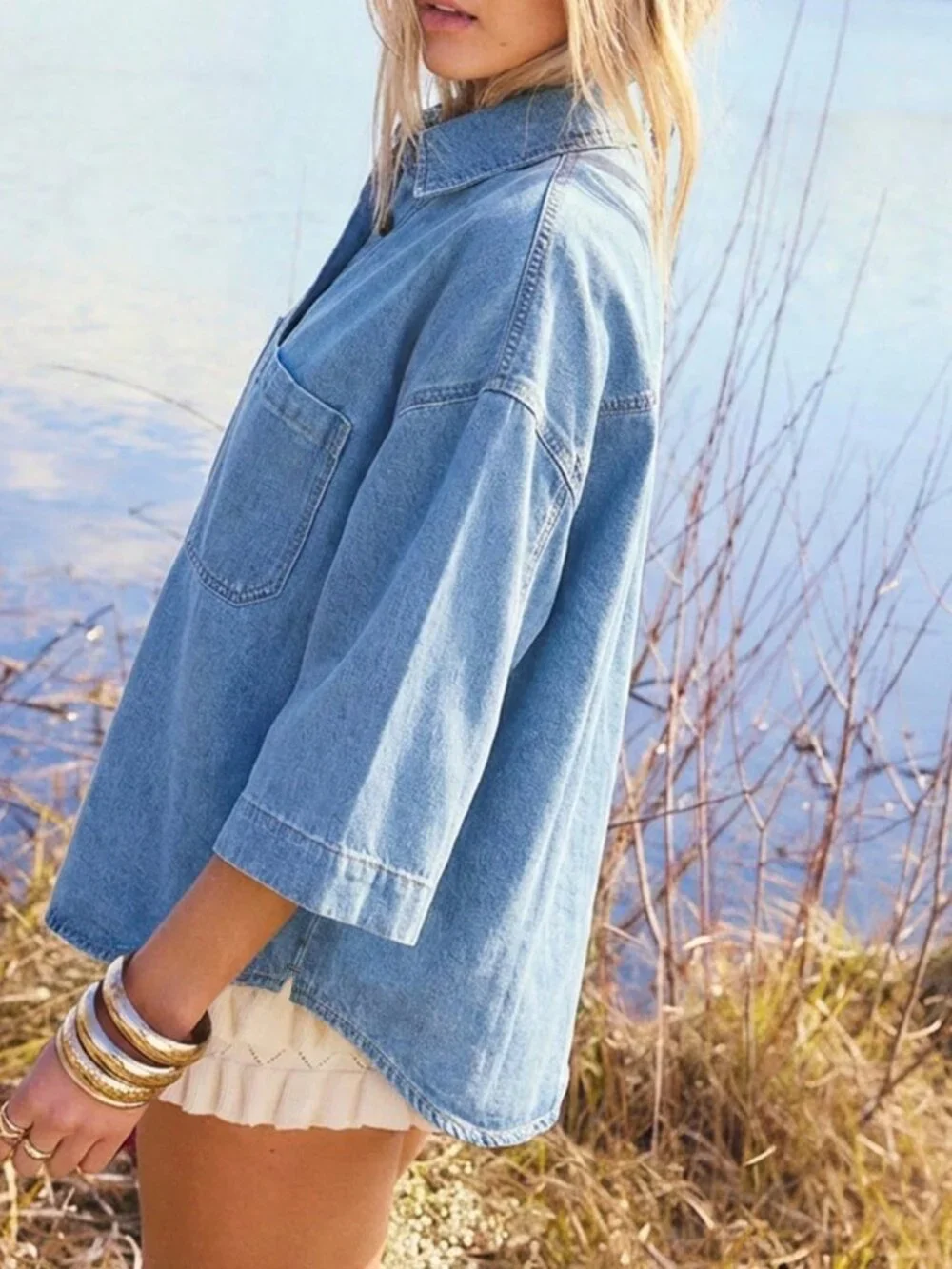 Light Wash Casual Women's Cute 3/4 Sleeve Drop Shoulder Pocket Denim Shirt